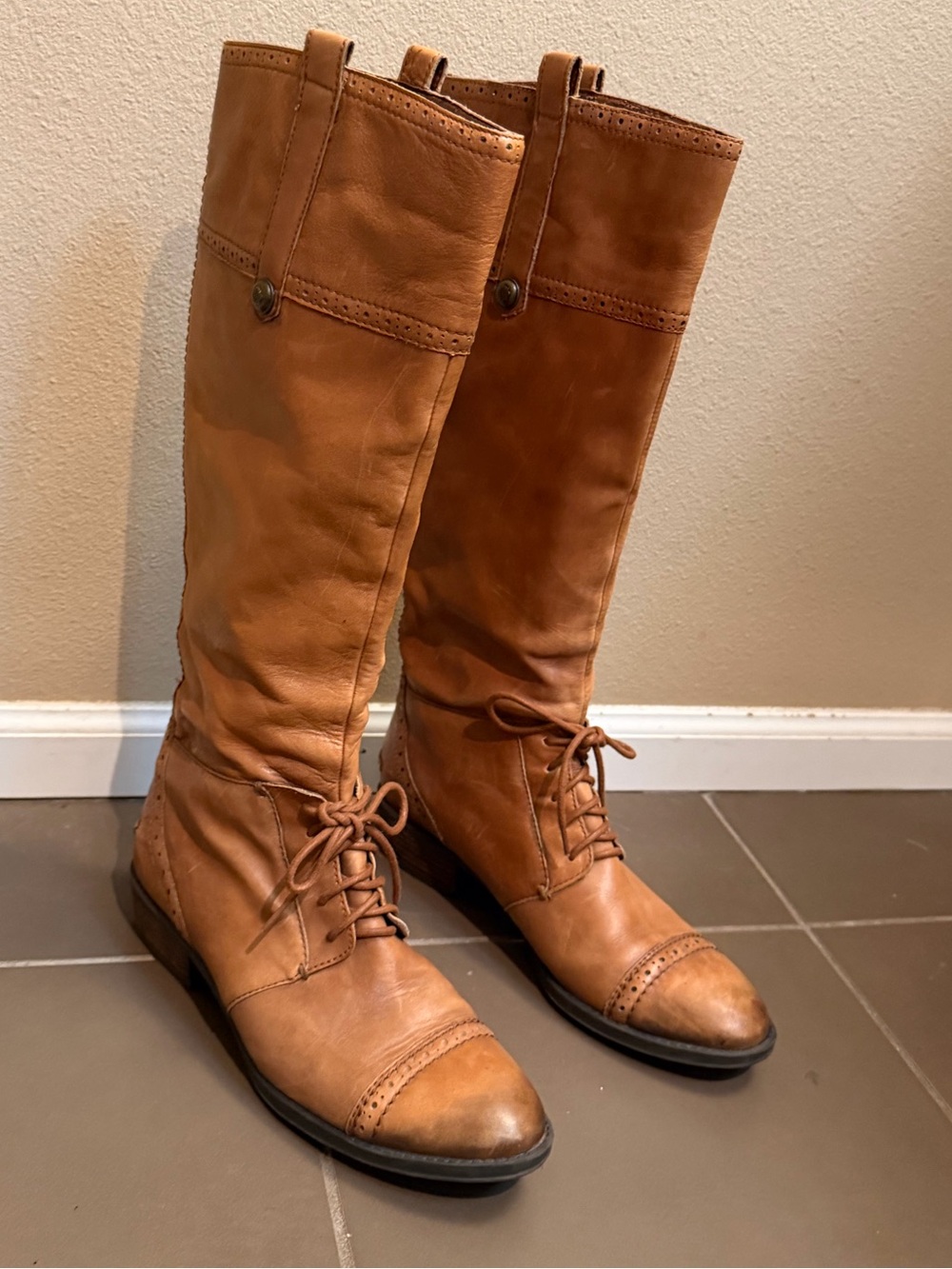 SAM EDELMAN Perron Brown Leather Laces Cap Toe Zip Knee High Boots Womens 7.5